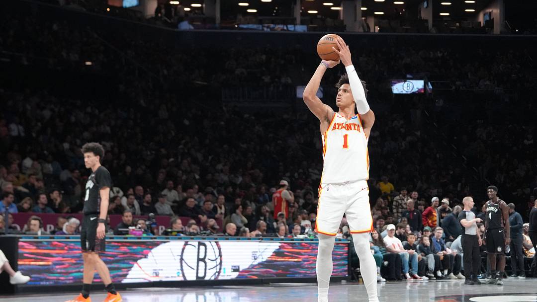 Apr 3, 2026; Brooklyn, New York, USA; Atlanta Hawks forward Jalen Johnson (1) shoots a technical foul against the Brooklyn Nets during the second half at Barclays Center. Mandatory Credit: Gregory Fisher-Imagn Images