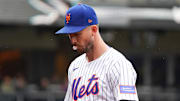 May 28, 2025; New York, New York, USA; New York Mets pitcher Griffin Canning (46) reacts during the first inning against the Chicago White Sox at Citi Field. Mandatory Credit: Lucas Boland-Imagn Images