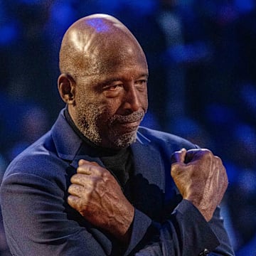 February 20, 2022; Cleveland, Ohio, USA; NBA great James Worthy is honored for being selected to the NBA 75th Anniversary Team during halftime in the 2022 NBA All-Star Game at Rocket Mortgage FieldHouse. Mandatory Credit: Kyle Terada-Imagn Images