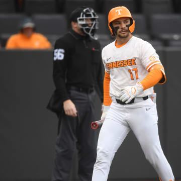 Tennessee   s Robin Villeneuve (17) strikes out during a game between Tennessee and Bowling Green at Lindsey Nelson Stadium in Knoxville, Tenn., Friday, March 1, 2024.