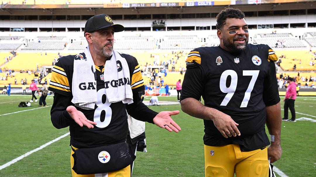 Oct 11, 2026; Pittsburgh, Pennsylvania, USA;  Pittsburgh Steelers quarterback Aaron Rodgers (8) and defensive tackle Cameron Heyward (97) react after the game against the Indianapolis Colts at Acrisure Stadium.  Mandatory Credit: Barry Reeger-Imagn Images