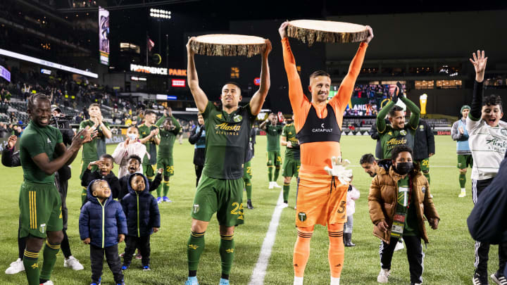 Mar 12, 2022; Portland, Oregon, USA; Portland Timbers defender Bill Tuiloma (25) and goalkeeper Alja