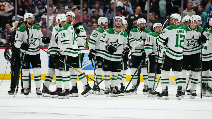 May 17, 2024; Denver, Colorado, USA; Members of the Dallas Stars following a double overtime period