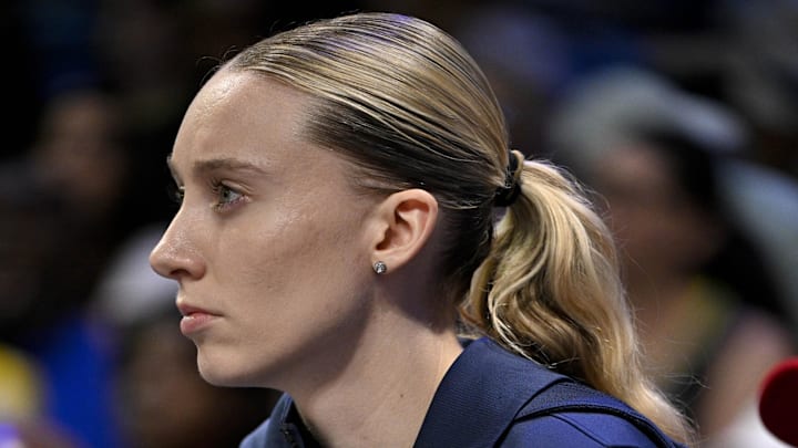 Aug 8, 2025; Arlington, Texas, USA; Dallas Wings guard Paige Bueckers (5) looks on during the first half against the New York Liberty at College Park Center. Mandatory Credit: Jerome Miron-Imagn Images