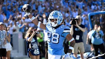 Oct 12, 2024; Chapel Hill, North Carolina, USA; North Carolina Tar Heels running back Omarion Hampton (28) runs for a touchdown in the third quarter at Kenan Memorial Stadium.