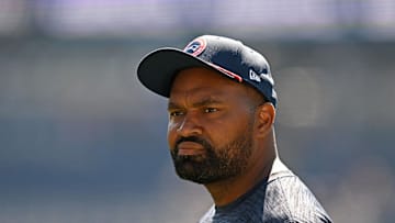 Sep 15, 2024; Foxborough, Massachusetts, USA; New England Patriots head coach Jerod Mayo watches warmups before a game against the Seattle Seahawks at Gillette Stadium. Mandatory Credit: Brian Fluharty-Imagn Images