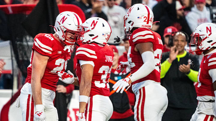 Nebraska wide receiver Carter Nelson (29) and defensive back Donovan Jones (37) celebrate special teams tackle against Wisconsin in 2024. Nebraska wide receiver Carter Nelson (29) and defensive back Donovan Jones (37) celebrate special teams tackle against Wisconsin in 2024.