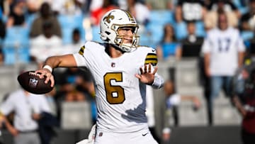 Nov 9, 2025; Charlotte, North Carolina, USA; New Orleans Saints quarterback Tyler Shough (6) throws a pass during the third quarter against the Carolina Panthers at Bank of America Stadium. Mandatory Credit: Bob Donnan-Imagn Images