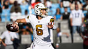 Nov 9, 2025; Charlotte, North Carolina, USA; New Orleans Saints quarterback Tyler Shough (6) throws a pass during the third quarter against the Carolina Panthers at Bank of America Stadium. Mandatory Credit: Bob Donnan-Imagn Images