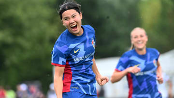 Jul 7, 2024; Cary, North Carolina, USA; North Carolina Courage midfielder Manaka Matsukubo (34) celebrates with forward Olivia Wingate (20) after scoring a goal during the second half at WakeMed Soccer Park. Mandatory Credit: Rob Kinnan-USA TODAY Sports