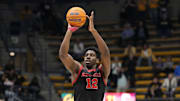 December 10, 2024; Berkeley, California, USA; Cornell Big Red forward AK Okereke (12) shoots the basketball against the California Golden Bears during the second half at Haas Pavilion. Mandatory Credit: Kyle Terada-Imagn Images
