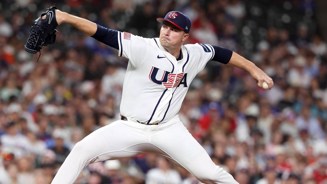 Mar 7, 2026; Houston, TX, United States; United States pitcher Tarik Skubal (27) throws a pitch against Great Britain during the first inning at Daikin Park. Mandatory Credit: Troy Taormina-Imagn Images