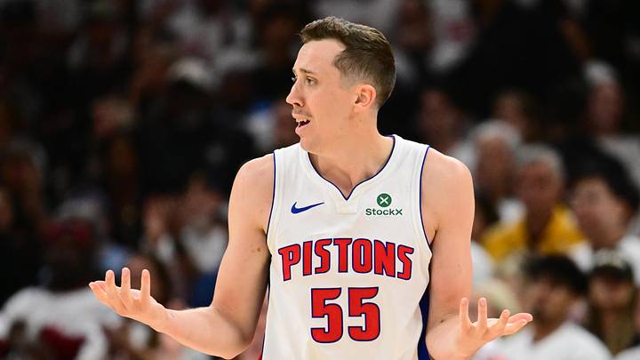 May 9, 2026; Cleveland, Ohio, USA; Detroit Pistons forward Duncan Robinson (55) reacts after a play against the Cleveland Cavaliers during the second half of game three in the second round of the 2026 NBA Playoffs at Rocket Arena. Mandatory Credit: Ken Blaze-Imagn Images