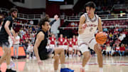 Andrej Stojakovic, then with Stanford, dribbles past the UW's Nate Calmese in 2024.