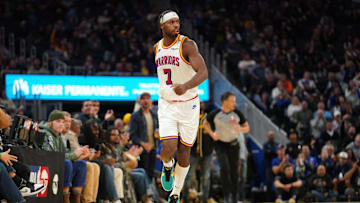 Golden State Warriors guard Buddy Hield runs down the court against the New Orleans Pelicans