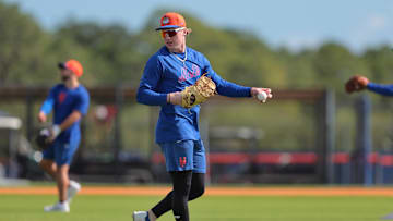 Feb 12, 2025; Port St. Lucie, FL, USA; New York Mets first baseman Ryan Clifford (87) works during a Spring Training workout at Clover Park. Mandatory Credit: Sam Navarro-Imagn Images