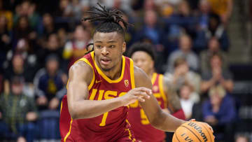 Feb 7, 2024; Berkeley, California, USA; USC Trojans guard Isaiah Collier (1) dribbles the ball against the California Golden Bears during the second half at Haas Pavilion. Mandatory Credit: Robert Edwards-USA TODAY Sports