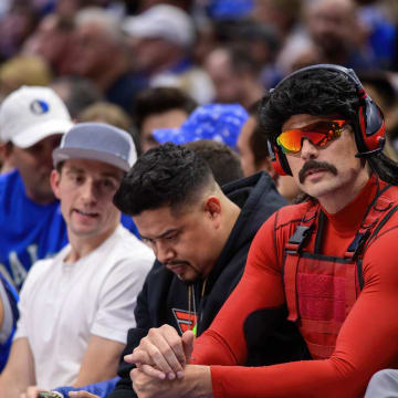 May 22, 2022; Dallas, Texas, USA; Herschel Guy Beahm also known as professional video game streamer Dr Disrespect watches the game between the Dallas Mavericks and the Golden State Warriors in game three of the 2022 western conference finals at American Airlines Center. Mandatory Credit: Jerome Miron-USA TODAY Sports