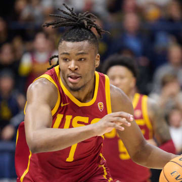Feb 7, 2024; Berkeley, California, USA; USC Trojans guard Isaiah Collier (1) dribbles the ball against the California Golden Bears during the second half at Haas Pavilion. Mandatory Credit: Robert Edwards-USA TODAY Sports