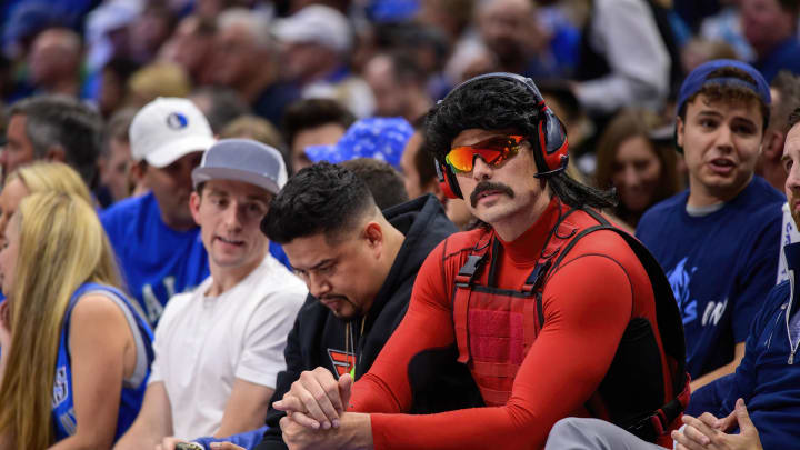 May 22, 2022; Dallas, Texas, USA; Herschel Guy Beahm also known as professional video game streamer Dr Disrespect watches the game between the Dallas Mavericks and the Golden State Warriors in game three of the 2022 western conference finals at American Airlines Center. Mandatory Credit: Jerome Miron-USA TODAY Sports