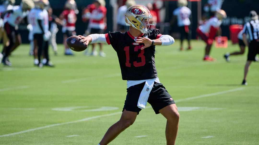 Jul 27, 2023; Santa Clara, CA, USA; San Francisco 49ers quarterback Brock Purdy (13) throws a pass during training camp at the SAP Performance Facility. Mandatory Credit: Robert Edwards-USA TODAY Sports