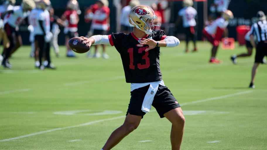 Jul 27, 2023; Santa Clara, CA, USA; San Francisco 49ers quarterback Brock Purdy (13) throws a pass during training camp at the SAP Performance Facility. Mandatory Credit: Robert Edwards-USA TODAY Sports | Robert Edwards-USA TODAY Sports