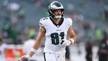 Aug 7, 2025; Philadelphia, Pennsylvania, USA; Philadelphia Eagles tight end Grant Calcaterra (81) before action against the Cincinnati Bengals at Lincoln Financial Field.