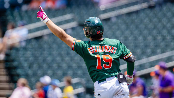 May 23, 2024; Charlotte, NC, USA; Miami (Fl) Hurricanes outfielder Jake Kulikowski (19) celebrates a home run against the Clemson Tigers in the ninth inning during the ACC Baseball Tournament at Truist Field. Mandatory Credit: Scott Kinser-Imagn Images