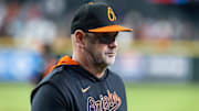 Apr 7, 2025; Phoenix, Arizona, USA; Baltimore Orioles manager Brandon Hyde against the Arizona Diamondbacks at Chase Field. Mandatory Credit: Mark J. Rebilas-Imagn Images