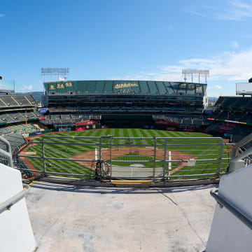 Mar 31, 2024; Oakland, California, USA; A general view of at Oakland-Alameda County Coliseum before the game between the Oakland Athletics and the Cleveland Guardians. Mandatory Credit: Robert Edwards-USA TODAY Sports
