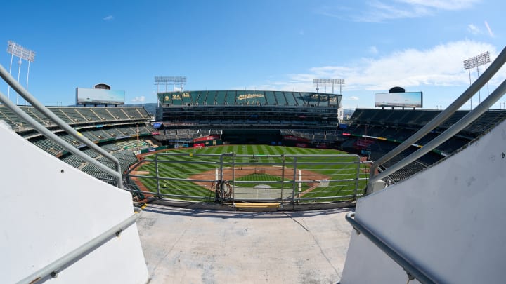 Mar 31, 2024; Oakland, California, USA; A general view of at Oakland-Alameda County Coliseum before the game between the Oakland Athletics and the Cleveland Guardians. Mandatory Credit: Robert Edwards-USA TODAY Sports