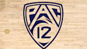Feb 7, 2024; Berkeley, California, USA; The Pac-12 logo is seen on the court of Haas Pavilion before the game between the California Golden Bears and the USC Trojans at Haas Pavilion. 