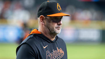 Apr 7, 2025; Phoenix, Arizona, USA; Baltimore Orioles manager Brandon Hyde against the Arizona Diamondbacks at Chase Field. Mandatory Credit: Mark J. Rebilas-Imagn Images