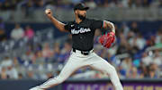 Sep 26, 2025; Miami, Florida, USA; Miami Marlins starting pitcher Sandy Alcantara (22) delivers pitch against the New York Mets during the first inning at loanDepot Park. Mandatory Credit: Sam Navarro-Imagn Images