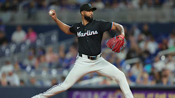Sep 26, 2025; Miami, Florida, USA; Miami Marlins starting pitcher Sandy Alcantara (22) delivers pitch against the New York Mets during the first inning at loanDepot Park. Mandatory Credit: Sam Navarro-Imagn Images