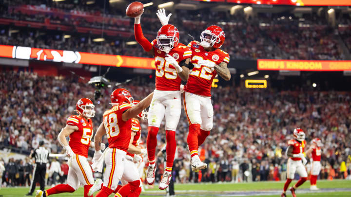 Feb 11, 2024; Paradise, Nevada, USA; Kansas City Chiefs cornerback Jaylen Watson (35) celebrates with Trent McDuffie (22) after recovering a muffed punt against the San Francisco 49ers in the second half in Super Bowl LVIII at Allegiant Stadium. Mandatory Credit: Mark J. Rebilas-USA TODAY Sports