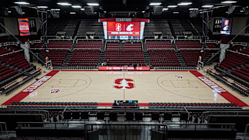 Jan 18, 2024; Stanford, California, USA; A general view of the Maples Pavilion court before the game between the Stanford Cardinal and the Washington State Cougars at Maples Pavilion. Mandatory Credit: Robert Edwards-Imagn Images