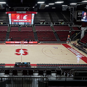 Jan 18, 2024; Stanford, California, USA; A general view of the Maples Pavilion court before the game between the Stanford Cardinal and the Washington State Cougars at Maples Pavilion. Mandatory Credit: Robert Edwards-Imagn Images