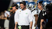 Nov 18, 2023; Tempe, Arizona, USA; Oregon Ducks head coach Dan Lanning against the Arizona State Sun Devils at Mountain America Stadium. Mandatory Credit: Mark J. Rebilas-Imagn Images