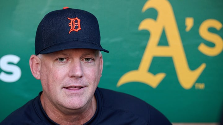 Sep 21, 2023; Oakland, California, USA; Detroit Tigers manager A.J. Hinch (14) talks to the media in the dugout before the game against the Oakland Athletics at Oakland-Alameda County Coliseum. Mandatory Credit: Robert Edwards-Imagn Images