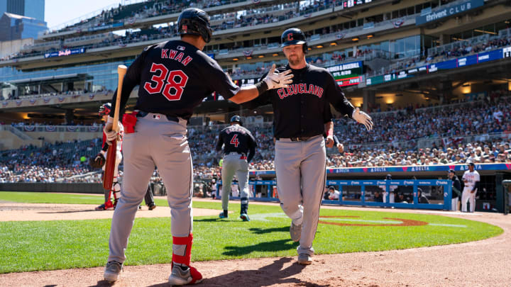 Apr 6, 2024; Minneapolis, Minnesota, USA; Cleveland Guardians outfielder Steven Kwan (38) congratulates Cleveland Guardians catcher David Fry (6) upon hitting a three run home run against Minnesota Twins starting pitcher Joe Ryan (41) in the second inning at Target Field. Mandatory Credit: Matt Blewett-USA TODAY Sports