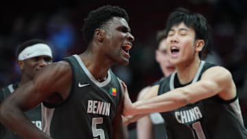 2025 Nike Hoop Summit, Baylor Bears wing Tounde Yessoufou celebrates with a teammate at the 2025 Nike Hoop Summit