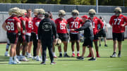 Jul 27, 2023; Santa Clara, CA, USA; San Francisco 49ers offensive line coach and run game coordinator Chris Foerster talks to a group of offensive lineman during training camp at the SAP Performance Facility. Mandatory Credit: Robert Edwards-USA TODAY Sports