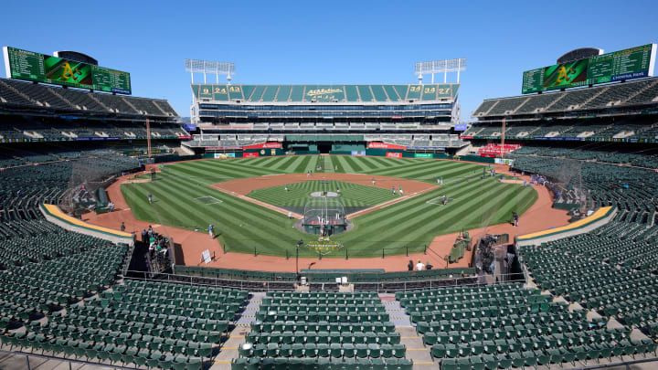 Aug 7, 2023; Oakland, California, USA; A general view of Oakland-Alameda County Coliseum before a game between the Oakland Athletics and the Texas Rangers.   Mandatory Credit: Robert Edwards-USA TODAY Sports