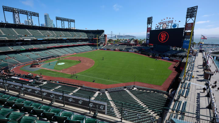 Jul 8, 2023; San Francisco, California, USA; A general view of Oracle Park and the eastern span of the San Francisco Bay Bridge before the game between the San Francisco Giants and the Colorado Rockies. Mandatory Credit: Robert Edwards-USA TODAY Sports