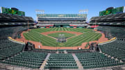 Aug 7, 2023; Oakland, California, USA; A general view of Oakland-Alameda County Coliseum before a game between the Oakland Athletics and the Texas Rangers.   Mandatory Credit: Robert Edwards-USA TODAY Sports