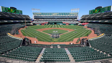 Aug 7, 2023; Oakland, California, USA; A general view of Oakland-Alameda County Coliseum before a game between the Oakland Athletics and the Texas Rangers.   Mandatory Credit: Robert Edwards-USA TODAY Sports