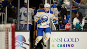 Jan 27, 2024; San Jose, California, USA; Buffalo Sabres left wing Zach Benson (9) steps onto the ice for warmups before the game between the San Jose Sharks and the Buffalo Sabres at SAP Center at San Jose. Mandatory Credit: Robert Edwards-USA TODAY Sports