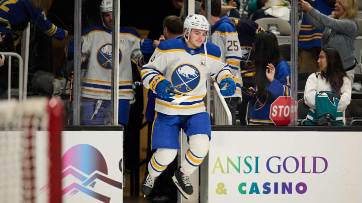 Jan 27, 2024; San Jose, California, USA; Buffalo Sabres left wing Zach Benson (9) steps onto the ice for warmups before the game between the San Jose Sharks and the Buffalo Sabres at SAP Center at San Jose. Mandatory Credit: Robert Edwards-USA TODAY Sports