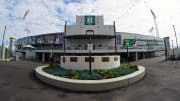 Mar 31, 2024; Oakland, California, USA; A general view of the Oakland-Alameda County Coliseum exterior before the game between the Oakland Athletics and the Cleveland Guardians.  Mandatory Credit: Robert Edwards-USA TODAY Sports